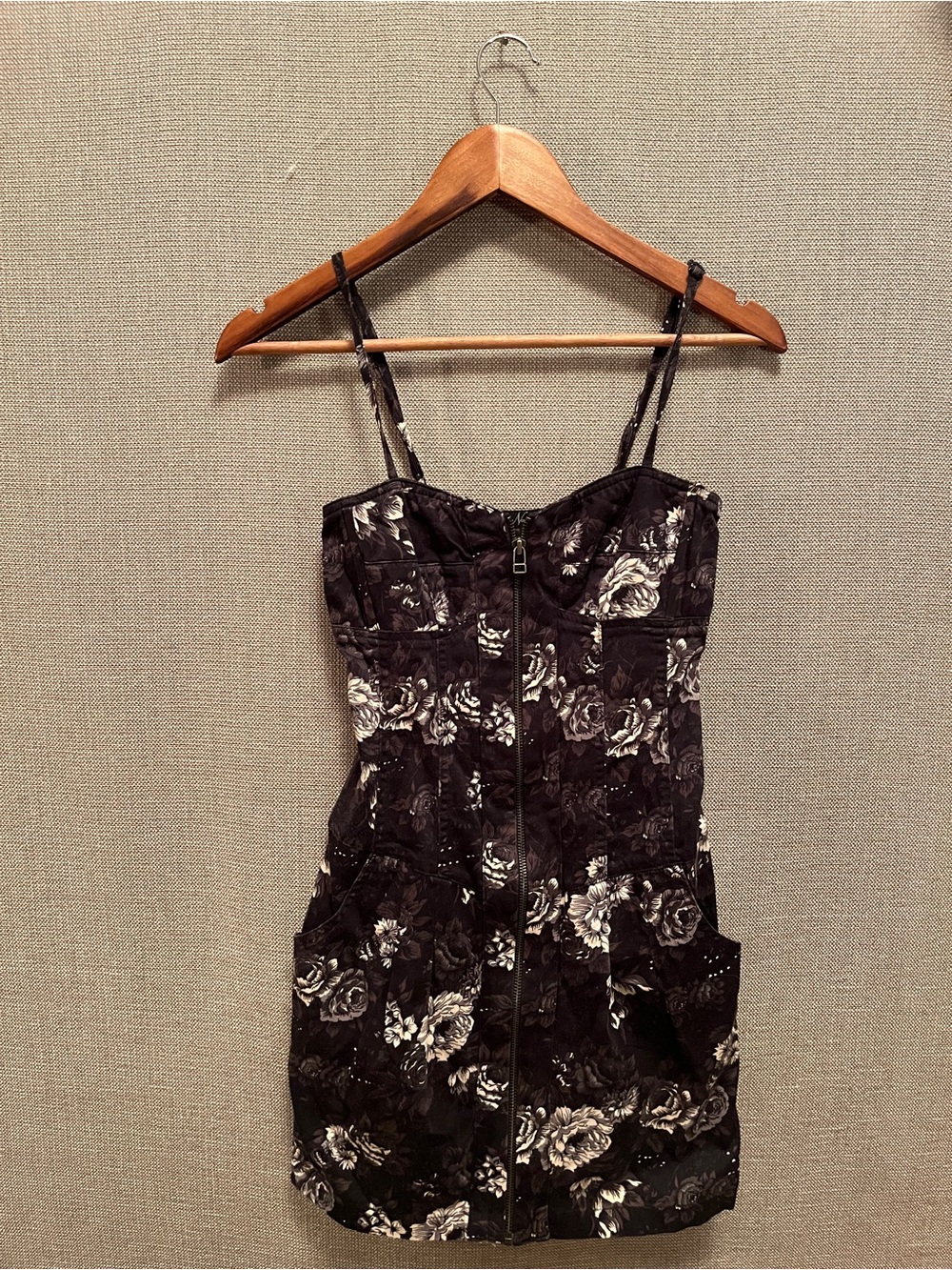 stradivarius Black Floral Mini Dress with White Rose Print
